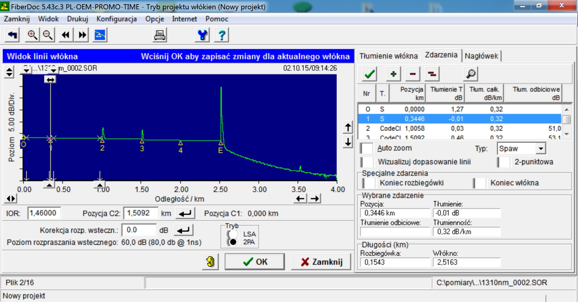 oprogramowanie fiberdoc widok linii włókna